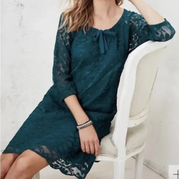 Garnet Hill Bohème Easy Lace Dress in Teal Green Bishop Sleeve 8 - Picture 4 of 15